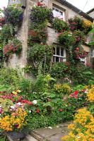 Colourful front garden with hanging baskets and containers in Derbyshire Dales 

