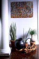 Sanseveria 'Bantel's Sensation', Sanseveria  cylindrica and Beaucarnea recurvata (Ponytail Palm) - Houseplant collection with Modern art