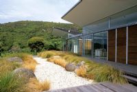 Garden view with boulders and native grasses contrasting with modern building in Piha, New Zealand. Garden Design - Ted Smyth. 