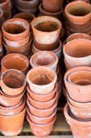 Piles of terracotta pots in greenhouse