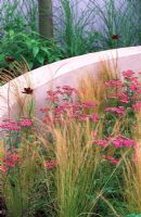 Achillea millefolium 'Cerise Queen', Stipa tennuissima and Cosmos planted within a low curved wall