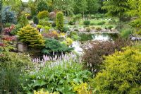 Looking over the pond and rock garden in May