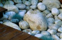 Detail of white boulders, decking and Festuca glauca