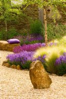 Dry garden with gravel, rocks and purple planting - Salvia 'Wesuwe', Salvia x superba. Rickyard Barn, Northamptonshire 