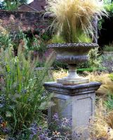 Urn on pedestal with Pheasant grass