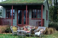 Wicker furniture, Sedum roofed garden pavilion where the courses are held - The Lucy Redman School of Garden Design, Suffolk