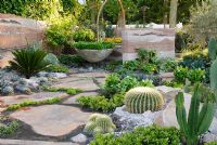Cactus, Agave, Aloe, Opuntia, Crassula, Watercress, Lettuce and Squashes in the '600 Days with Bradstone' Garden, Chelsea 2007. Terrestrial Life on Mars Garden. Winner of Gold Medal and Best in Show. 