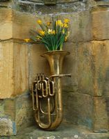 Bronze tuba filled with Narcissus 'Tete-a-Tete', Narcissus 'Midget' and Narcissus 'Hawera'