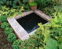 Patterned tiles surround small pond with Mattuecia struthiopteris, Gunnera and Asplenium - Brinsbury College's courtyard garden, Chelsea 2000