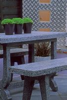 Granite table and chairs with Soleirolia in pots - Battersea, London

 