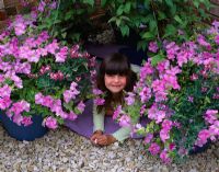 Clematis wigwam - young girl looking out from inside the wigwam of Clematis surrounded by terracotta pots planted with Petunia 'pastel'