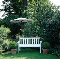 Secluded white bench on lawn with box balls in pots either side and garden parasol in background 