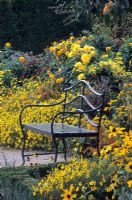 Bench in yellow colour themed garden at The Musée d'Art Américain in Giverny, France 
