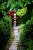 Red walled garden - Chinese influenced with Pagoda made of Chinese granite