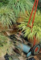 Woven baskets filled with ornamental grasses make appropriate partners for a pensioned off Qualcast push mower. Molinia caerulea 'Variegata' in the rear with Hakonechloa macra 'Alboaurea' behind the mower, Carex 'Evergold' and Hordeum jubatum - squirrel tail grass in the front.