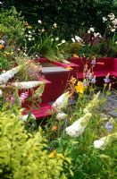 Sunken seating area with waterfall and raised beds with perennials - 'The Centrepoint Garden', Hampton Court 2007