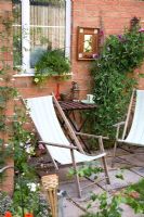 Small patio with deckchairs, table and Lathyrus odoratus - Sweet Peas