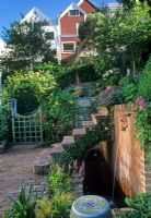 Small urban garden with raised bed and steps over water feature with spout. Arch with climber over gate - San Francisco USA 