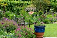 Pink, purple and blue border with Salvia, Allium, Geranium, Erysimum, Iris, Papaver and Wisteria with containers, bench and lawn.
