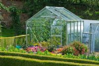 Greenhouse in formal vegetable garden - Bickham Park, Devon