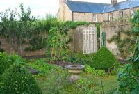Kitchen garden with raised beds made with railway sleepers, featuring decorative clipped box pyramids and trained fruit trees around the walls - Dorset