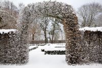 Clipped Hornbeam, Carpinus betulus hedge gateway to The Renaissance Garden with formal Buxus hedges in winter - The Gardens of Norrviken 