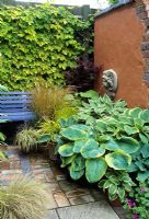 Wall mounted mask fountain on terracotta rendered wall with Hostas and grasses in pots