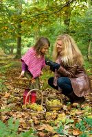 Mother and child - Foraging for Sweet Chestnuts and collecting them in baskets