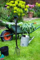 Gardening tools on lawn - fork, pots, wheelbarrow and watering can