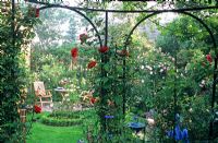 Pavillon with climbing roses in country garden