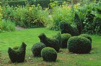 Buxus topiary chickens and eggs, ferns and parsnip flowers - Priona Garden, Holland