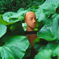 Head sculpture - A member of 'The Committee' in woodland at the Hannah Peschar Gallery garden, Surrey