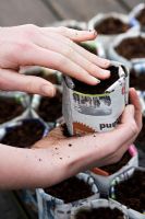 Making paper pots - Filling recycled newspaper with compost