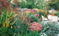 Mixed border adjoining seating area with Rosa glauca, Parahebe perfoliata, Sedum spectabile 'Autumn Joy', with seedheads of Crocosmia and Eryngiums - Yews Farm, Somerset