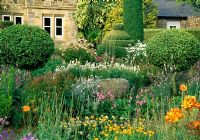 Flower garden including Lysimachia clethroides, Alstroemeria aurea 'Dover Orange', Scabious, Geraniums and Monarda didyma with box topiary and box and yew hedging - Herterton House, nr Cambo, Morpeth, Northumberland