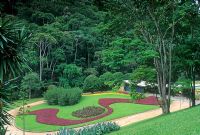 Curved bed design of red leaved plants in lawn - Tropical garden, Petropolis, Brazil