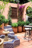 Moroccan courtyard with Bouganinvillea, terracotta pots with Cyperus papyrus and various types of mint. Garden - SPANA's Courtyard Refuge, Design - Chris O'Donoghue, Sponsor - Society for the Protection of Animals Abroad