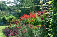 Hot coloured border of Dahlias, Roses, Crocosmia and Achillea - Devils End Haddiscoe, Norfolk