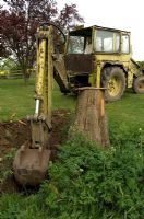JCB digger removing old tree stump - Pannells Ash Farm, West Essex