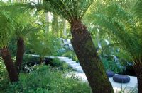 Tropical planting with modern features designed by Andy Sturgeon for Cancer Research - RHS Chelsea Flower Show 2008 