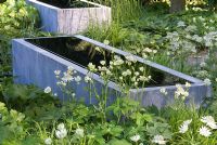 Zinc water tanks, Astrantia 'Shaggy' - The Laurent Perrier Garden - Winner of Best Show Garden RHS Chelsea Flower Show 2008