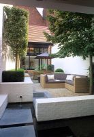 Small courtyard garden with white painted walls and rattan sofa