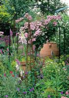 Rosa, Geranium and Digitalis in cottage style garden with large ornamental terracotta urn