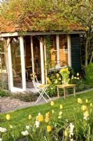 Sitting area in front of summerhouse with border with Tulipa 'Juliette' and Narcissus 'Yellow Cheerfulness'