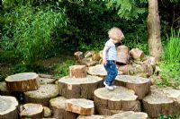 Child playing on tree stumps