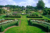 Overview of formal garden with central fountain - Bighton House, Hants