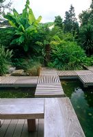 Contemporary urban garden with pond, decking area and bench - Coombe Lane West, Kingston