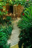 Small town garden with tropical green planting. Covered patio with Loquat over wooden frame. Table and chairs. Double doors to house - New South Wales, Australia