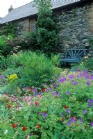 Seating area in cottage garden overlooking bed of Geraniums, Geum and Tree Peony - Plas-yn-Llan, Llanrhaeadr-ym-Mochnant, Wales