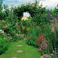 Clematis and Rosa arch in garden with mixed borders with Penstemon, Delphinium and Diasica. Stepping stone path in lawn.